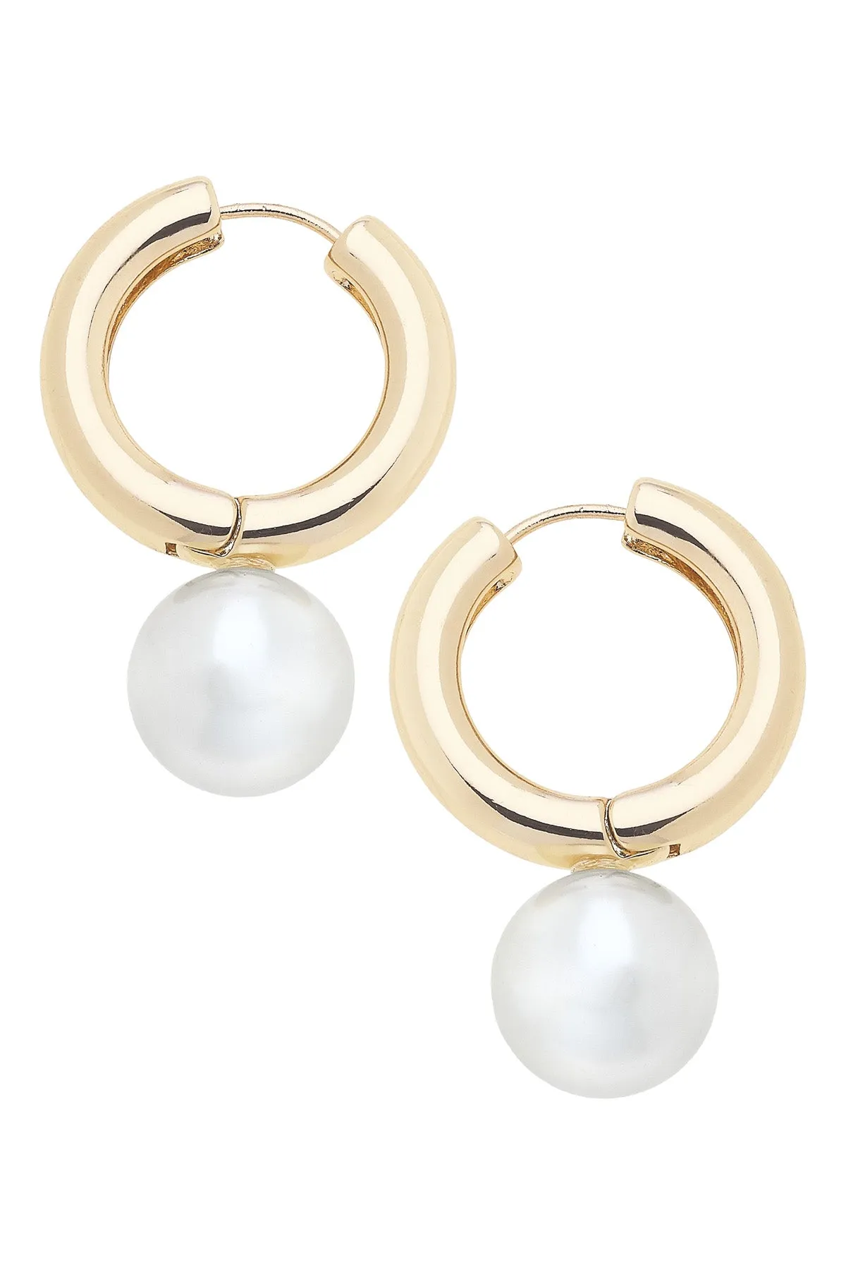 Agnes Pearl Hinged Hoop Earrings in Shiny Gold sold by Canvas Style