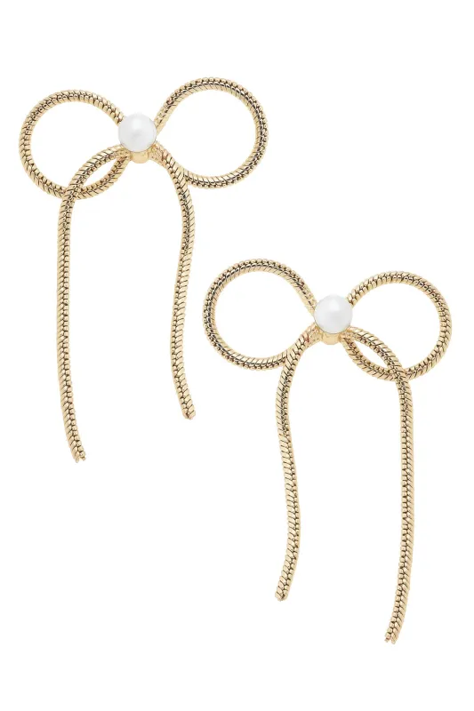 Hadley Cord Tied Pearl Bow Earrings in Shiny Gold sold by Canvas Style
