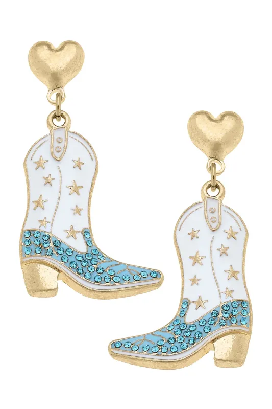 Rhinestone Wedding Boot Earrings in White & Blue sold by Canvas Style
