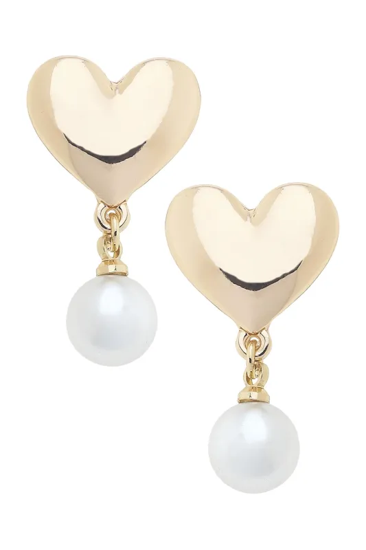 Minnie Heart Pearl Drop Earrings in Shiny Gold sold by Canvas Style