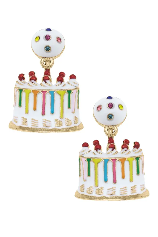Rhinestone Enamel Birthday Cake Earrings in Rainbow Multi sold by Canvas Style