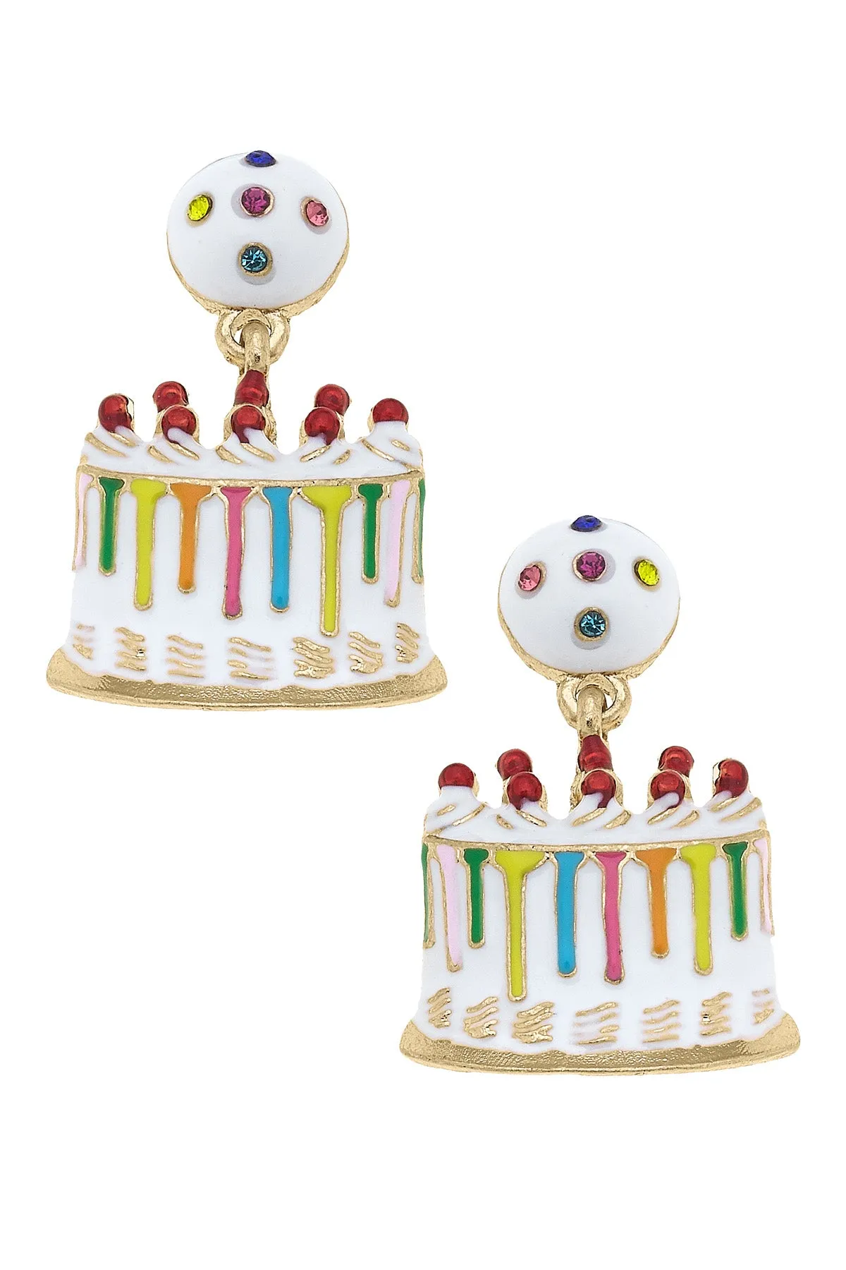 Rhinestone Enamel Birthday Cake Earrings in Rainbow Multi sold by Canvas Style