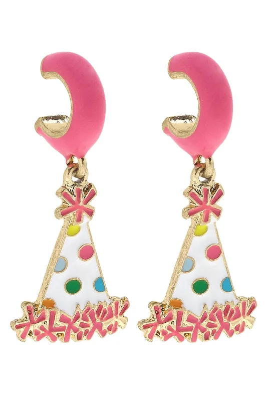 Polka Dot Enamel Party Hat Huggie Hoop Earrings in Pink sold by Canvas Style