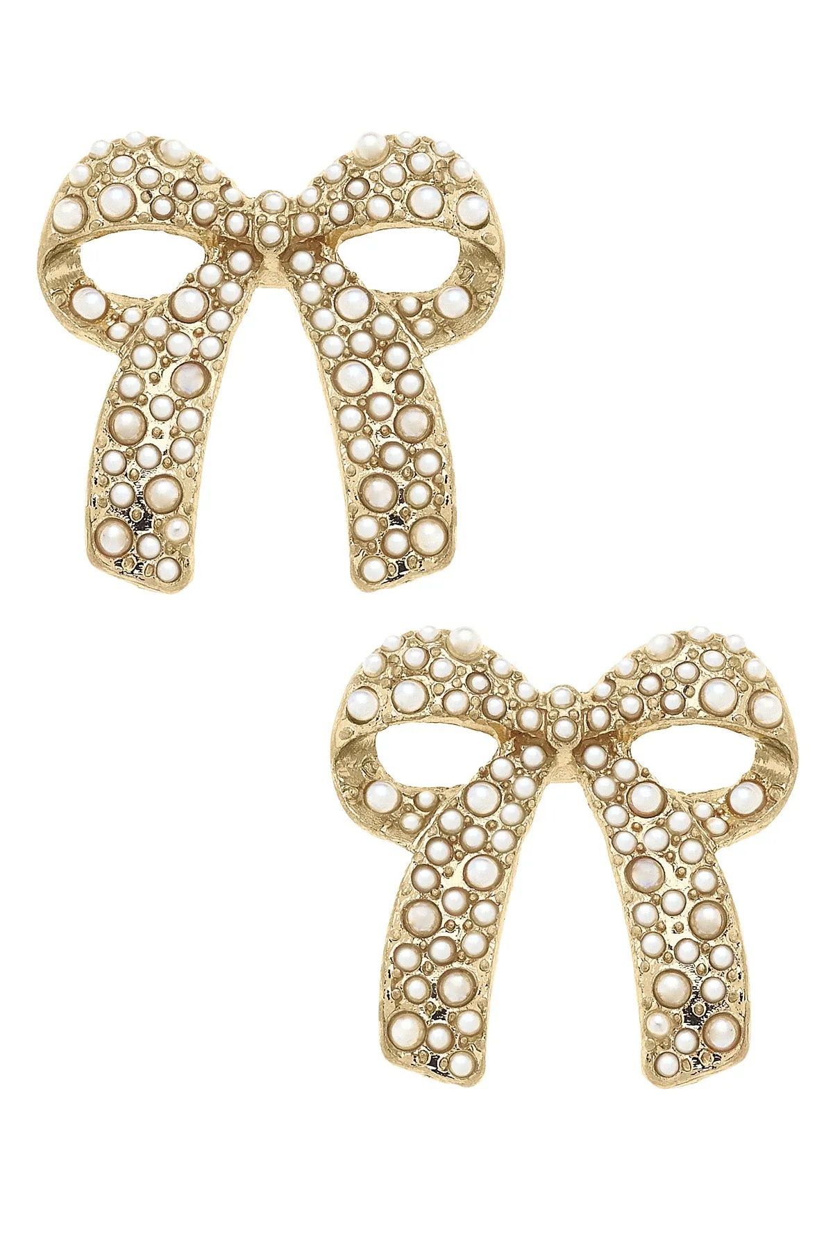 Priscilla Pearl Studded Bow Earrings in Shiny Gold sold by Canvas Style