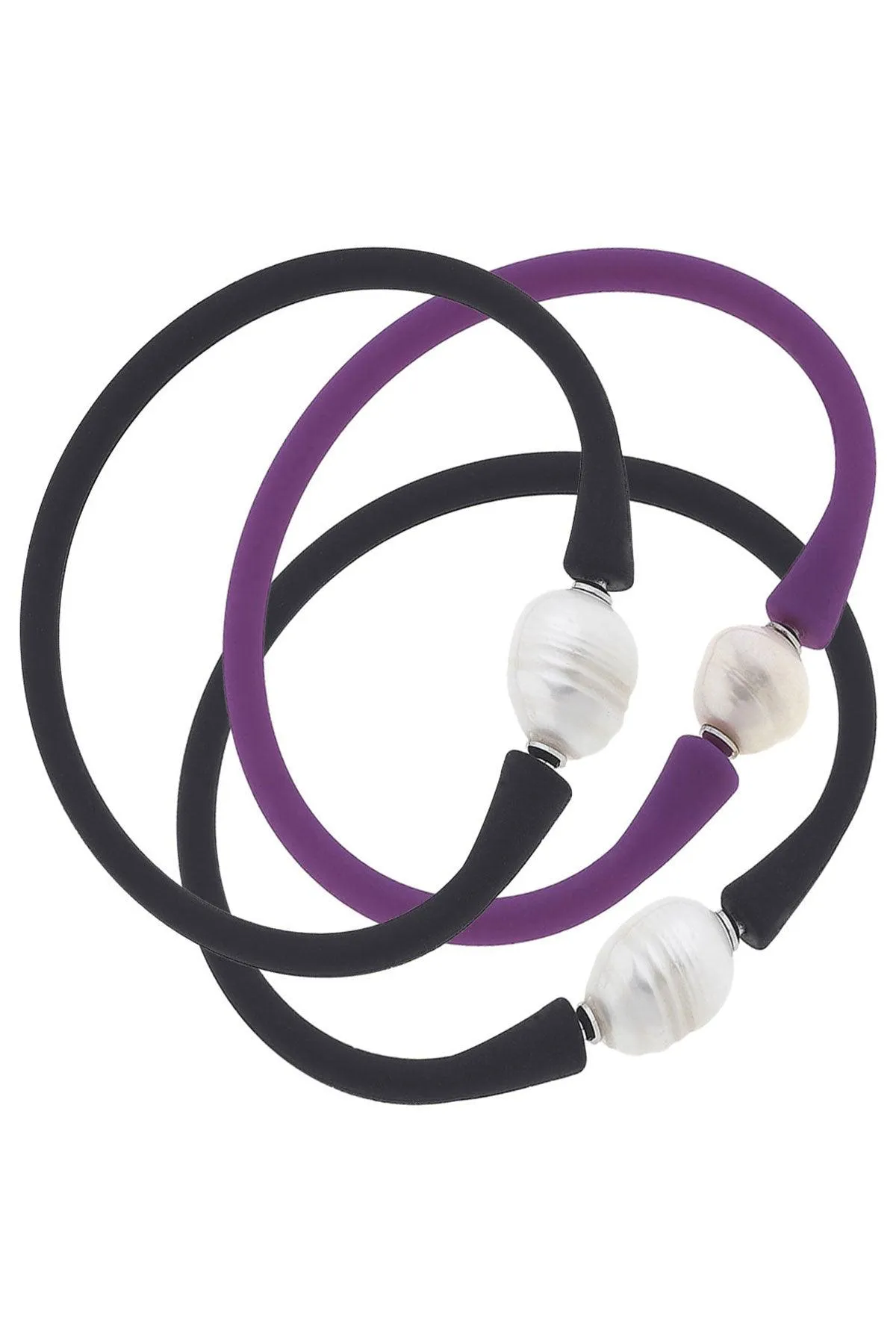 Bali Freshwater Pearl Silicone Bracelet Stack of 3 in Black & Purple sold by Canvas Style