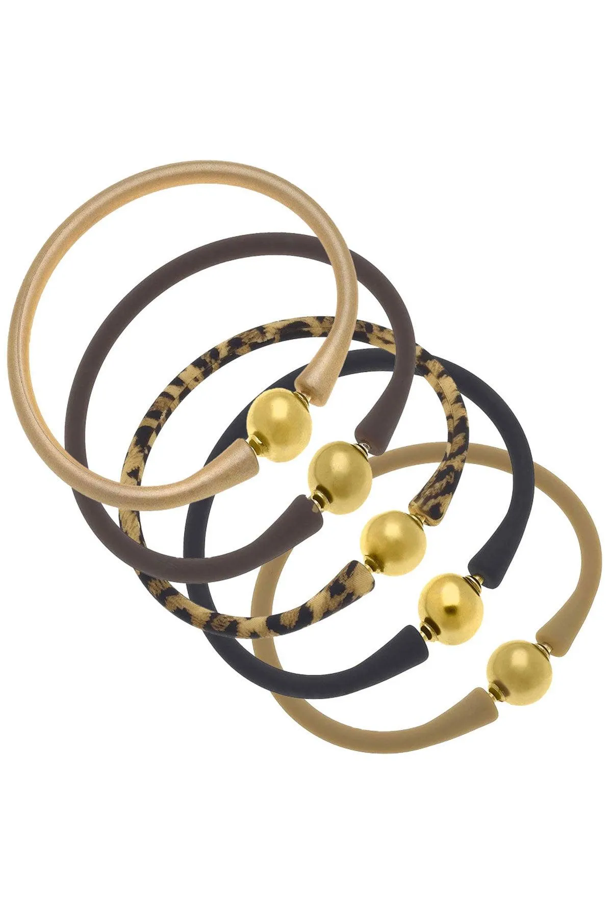 Bali 24K Gold Silicone Bracelet Stack of 5 in Metallic Gold, Chocolate, Leopard, Black & Cocoa sold by Canvas Style