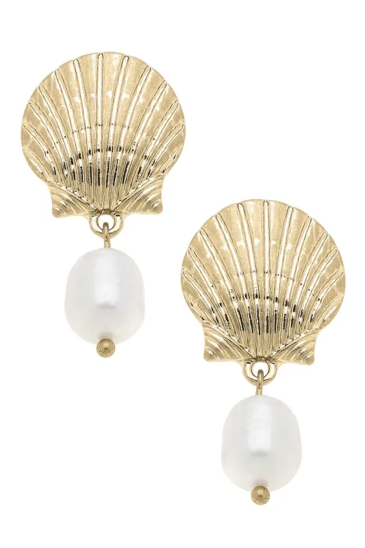 Perla Scallop Shell Drop Earrings in Shiny Gold sold by Canvas Style
