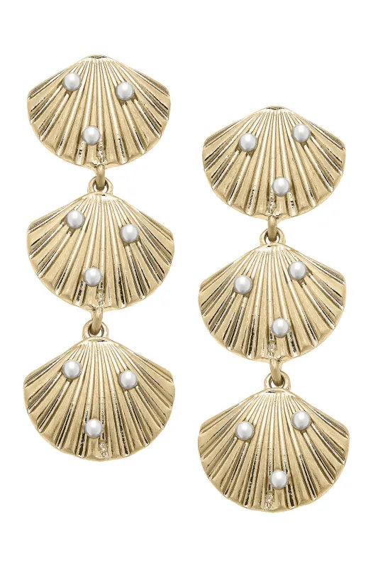 Cassandra Pearl-Studded Shell Earrings in Shiny Gold sold by Canvas Style