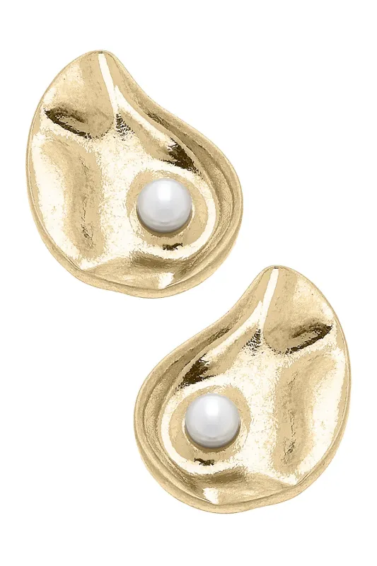 Helene Oyster & Pearl Stud Earrings in Shiny Gold sold by Canvas Style