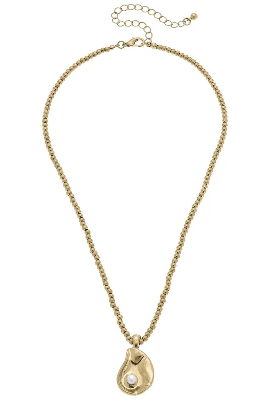 Helene Oyster & Pearl Necklace in Shiny Gold sold by Canvas Style