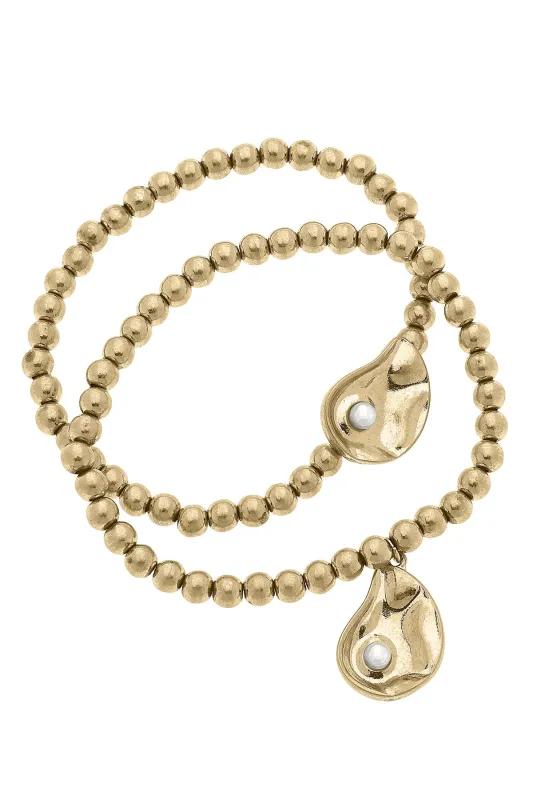 Cordelia Shell & Ball Bead Bracelet Set of 2 in Shiny Gold sold by Canvas Style