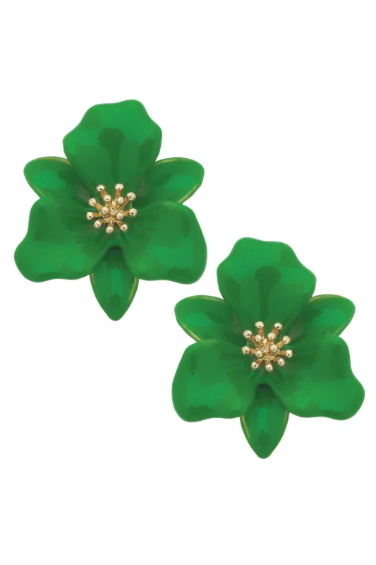 Valentina Enamel Flower Statement Earrings in Kelly Green sold by Canvas Style