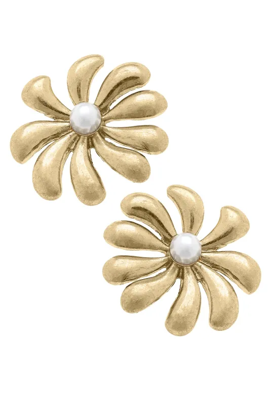 Lulu Pearl Flower Stud Earrings in Shiny Gold sold by Canvas Style