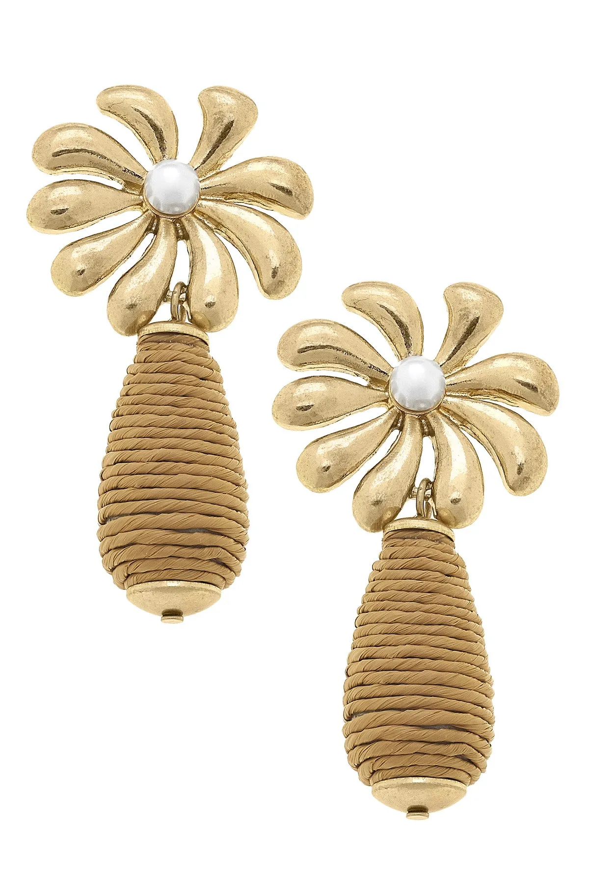 Lulu Pearl Flower Raffia Earrings in Natural sold by Canvas Style