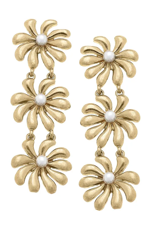 Lulu Pearl Flower Linked Earrings in Shiny Gold sold by Canvas Style