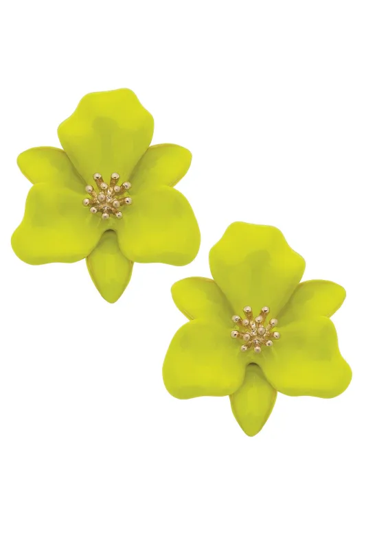 Valentina Enamel Flower Statement Earrings in Neon Yellow sold by Canvas Style