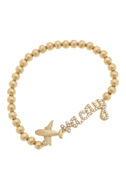 Jet Setter Pearl-Studded "Vacay" Stretch Bracelet Shiny Gold sold by Canvas Style