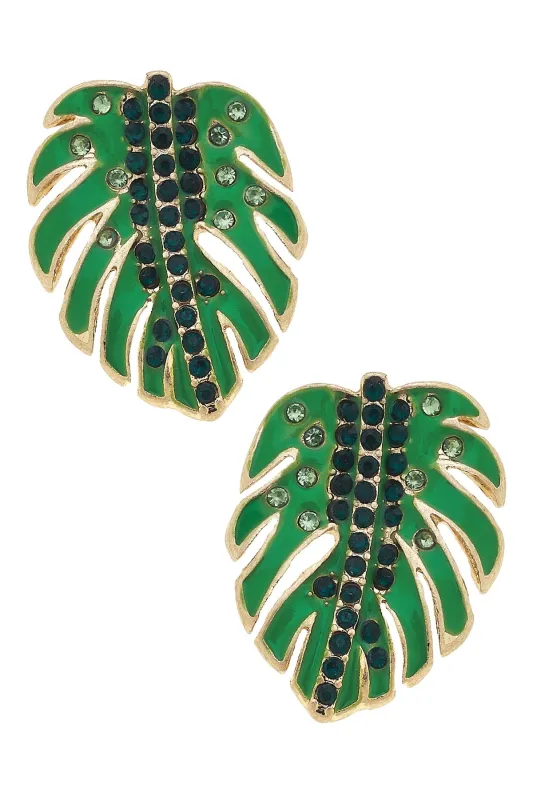 Galapagos Pave Palm Leaf Stud Earrings in Green sold by Canvas Style