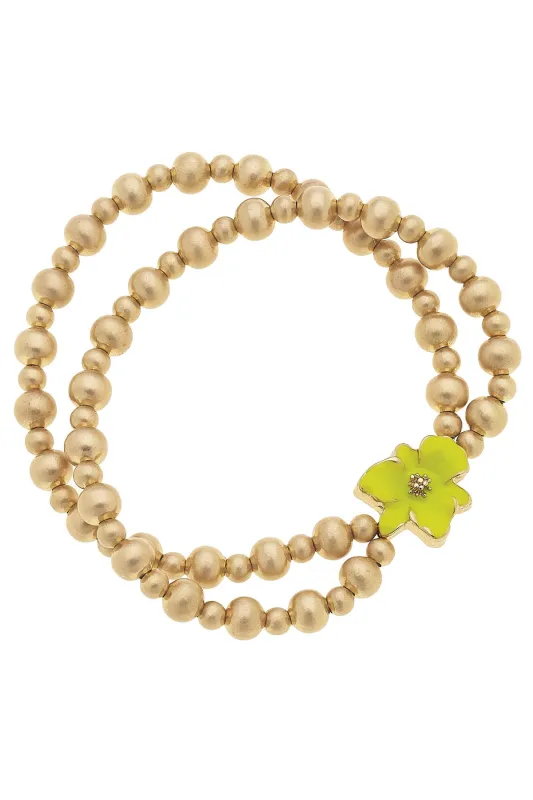 Valentina 2-Row Enamel Flower & Ball Bead Stretch Bracelet in Neon Yellow sold by Canvas Style