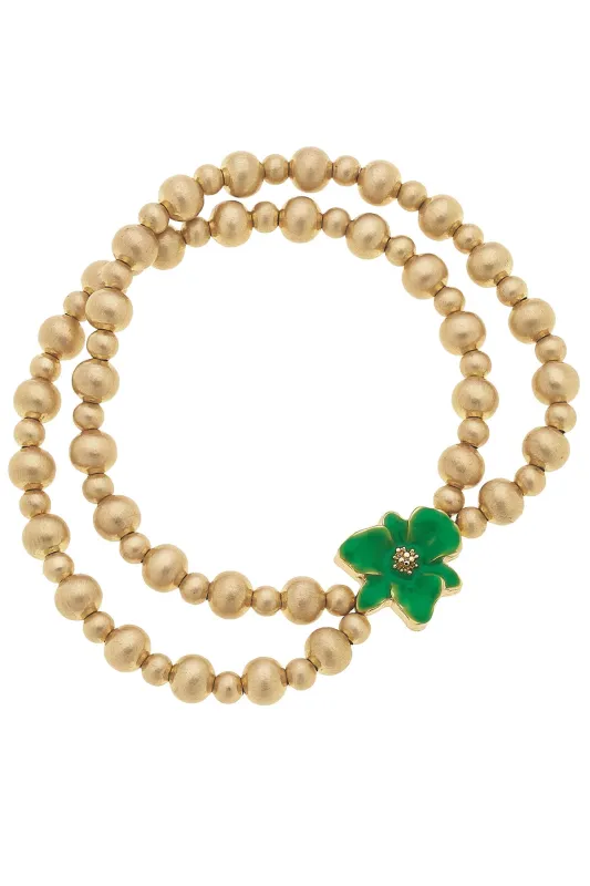 Valentina 2-Row Enamel Flower & Ball Bead Stretch Bracelet in Kelly Green sold by Canvas Style