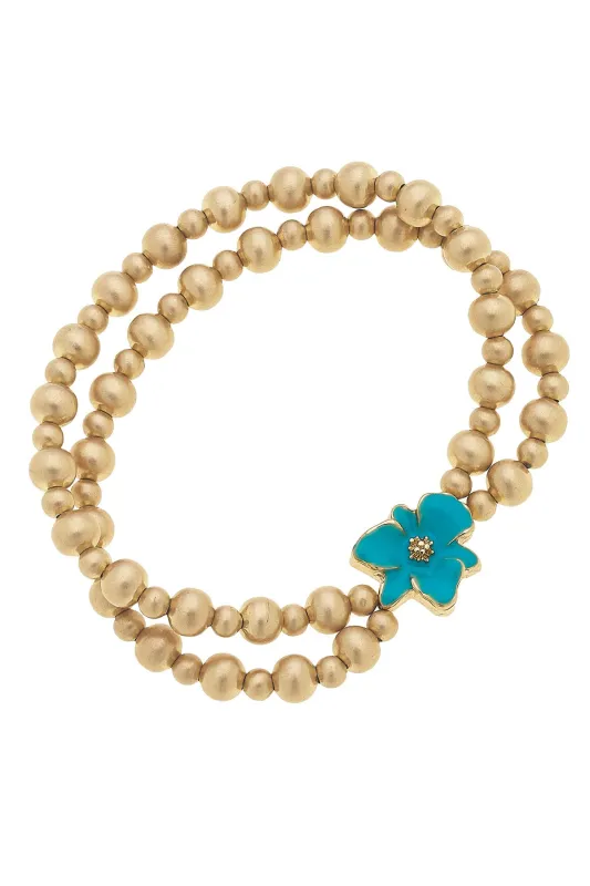 Valentina 2-Row Enamel Flower & Ball Bead Stretch Bracelet in Teal sold by Canvas Style