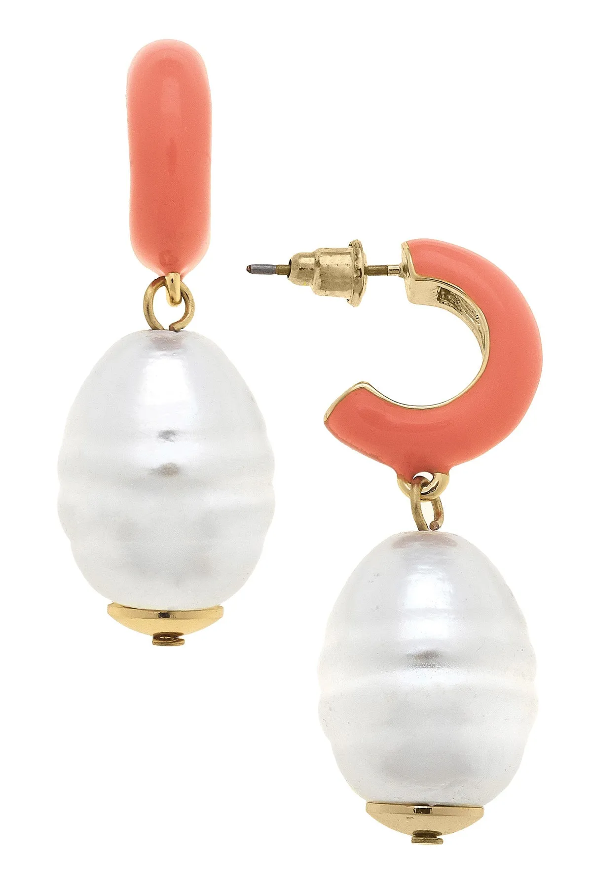 Rhea Pearl Huggie Hoop Earrings in Coral sold by Canvas Style