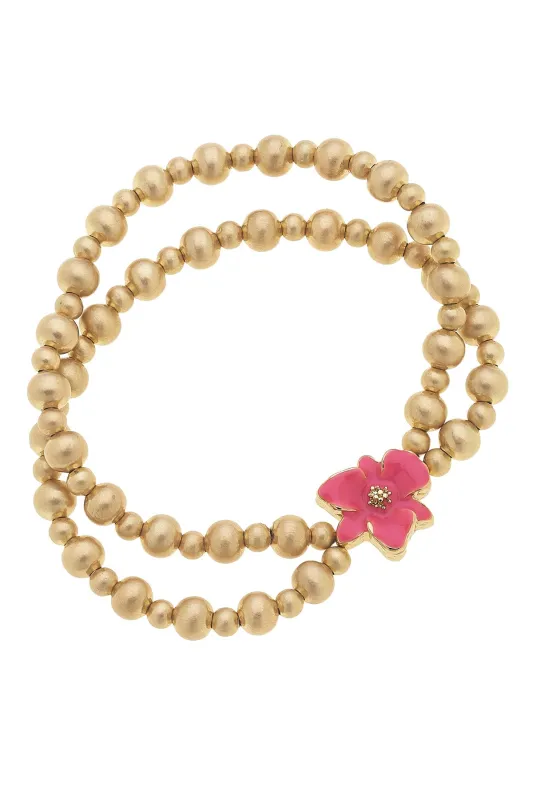Valentina 2-Row Enamel Flower & Ball Bead Stretch Bracelet in Pink sold by Canvas Style
