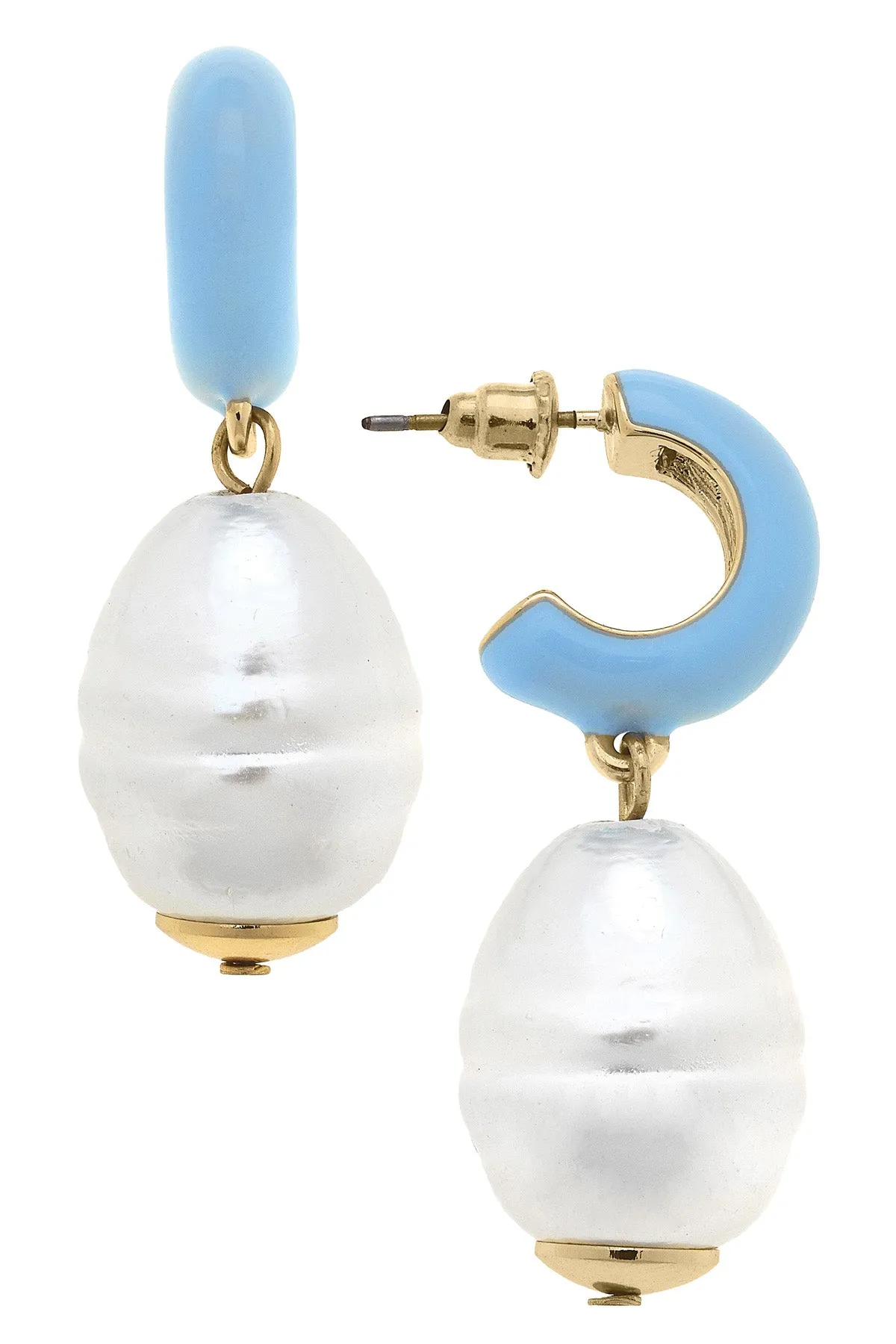 Rhea Pearl Huggie Hoop Earrings in Light Blue sold by Canvas Style