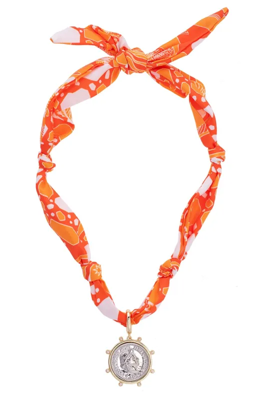 Lydia Studded Coin Scarf Necklace in Orange & White sold by Canvas Style