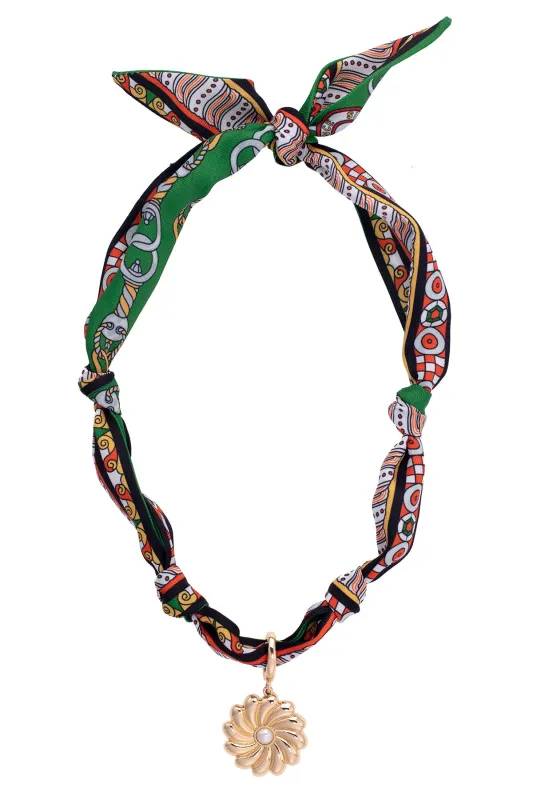 Gertrude Pearl Flower Scarf Necklace in Green/Black/Orange made by Canvas Style