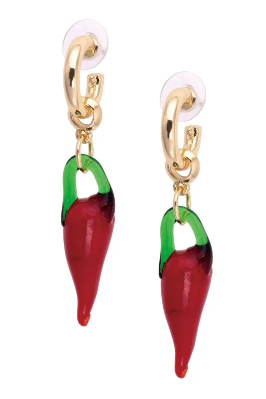 Glass Chile Pepper Drop Hoop Earrings in Red & Green sold by Canvas Style