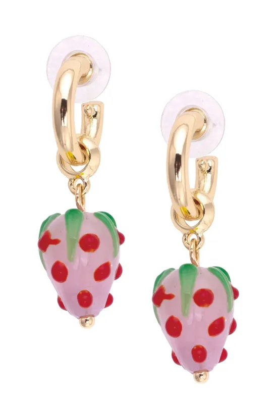 Glass Strawberry Drop Hoop Earrings in White & Red sold by Canvas Style