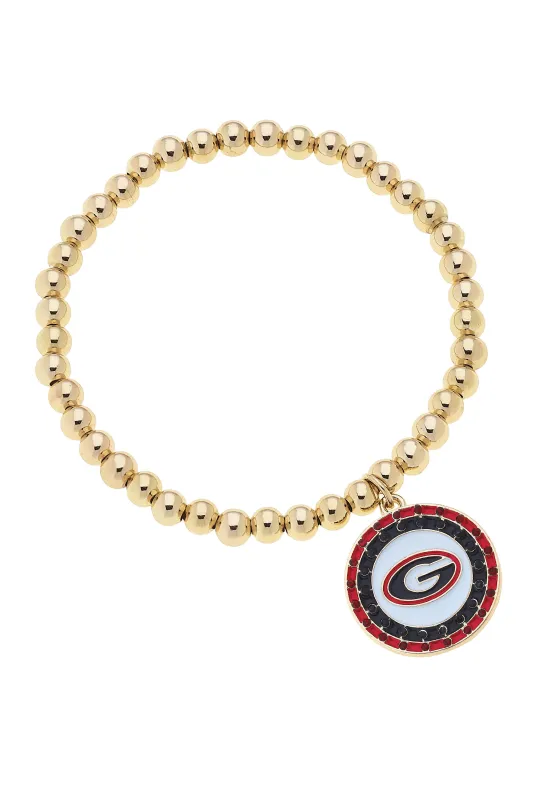Georgia Bulldogs Pave Disc Ball Bead Stretch Bracelet in Shiny Gold sold by Canvas Style