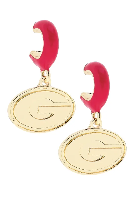 Georgia Bulldogs Logo Huggie Hoop Earrings in Red/Shiny Gold sold by Canvas Style