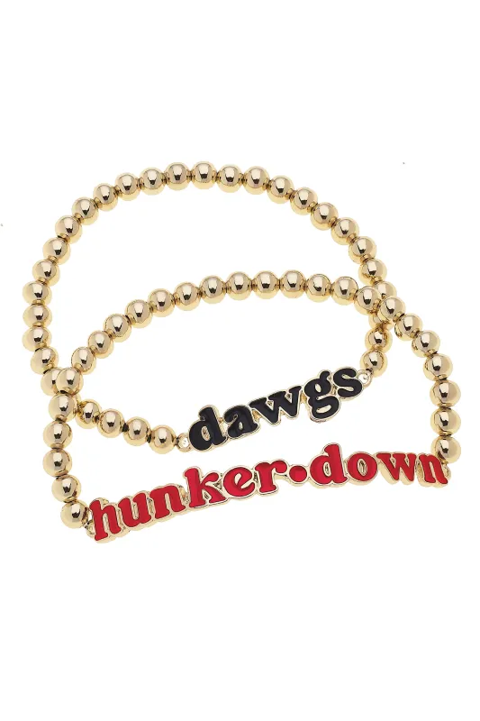 Georgia Bulldogs Slogan Ball Bead Bracelet Set of 2 in Red/Black/Shiny Gold sold by Canvas Style