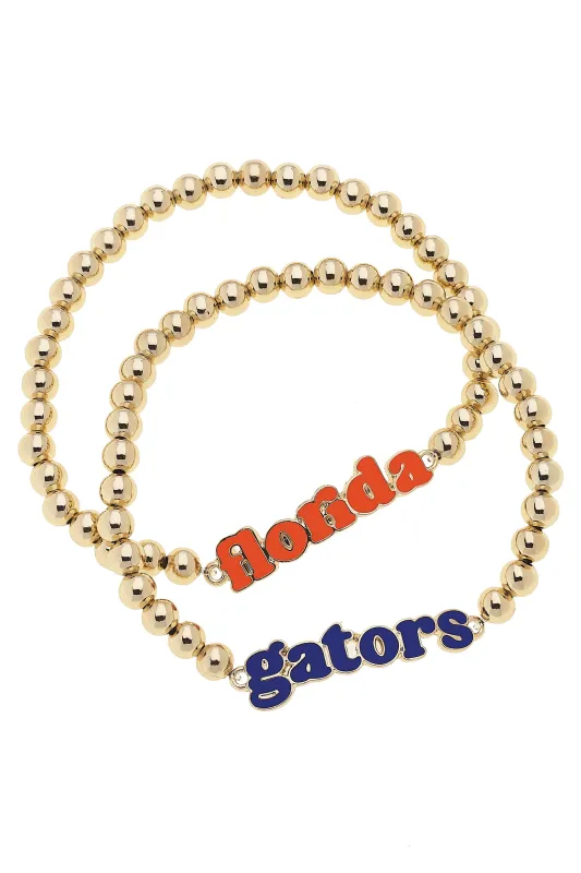 Florida Gators Slogan Ball Bead Bracelet Set of 2 in Orange/Blue/Shiny Gold sold by Canvas Style
