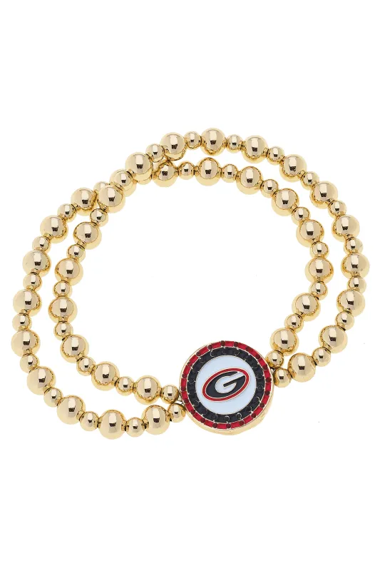 Georgia Bulldogs Pave Disc 2-Row Ball Bead Stretch Bracelet in Shiny Gold sold by Canvas Style