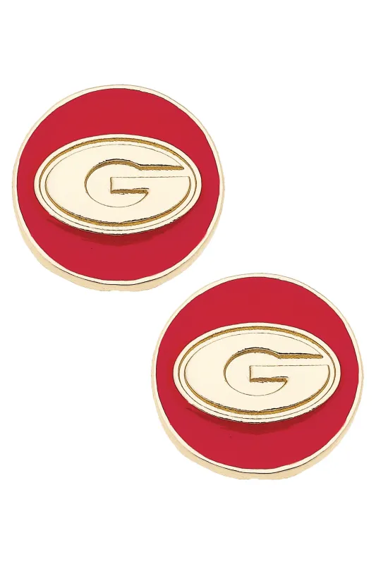 Georgia Bulldogs Logo Circle Stud Earrings in Red/Shiny Gold sold by Canvas Style