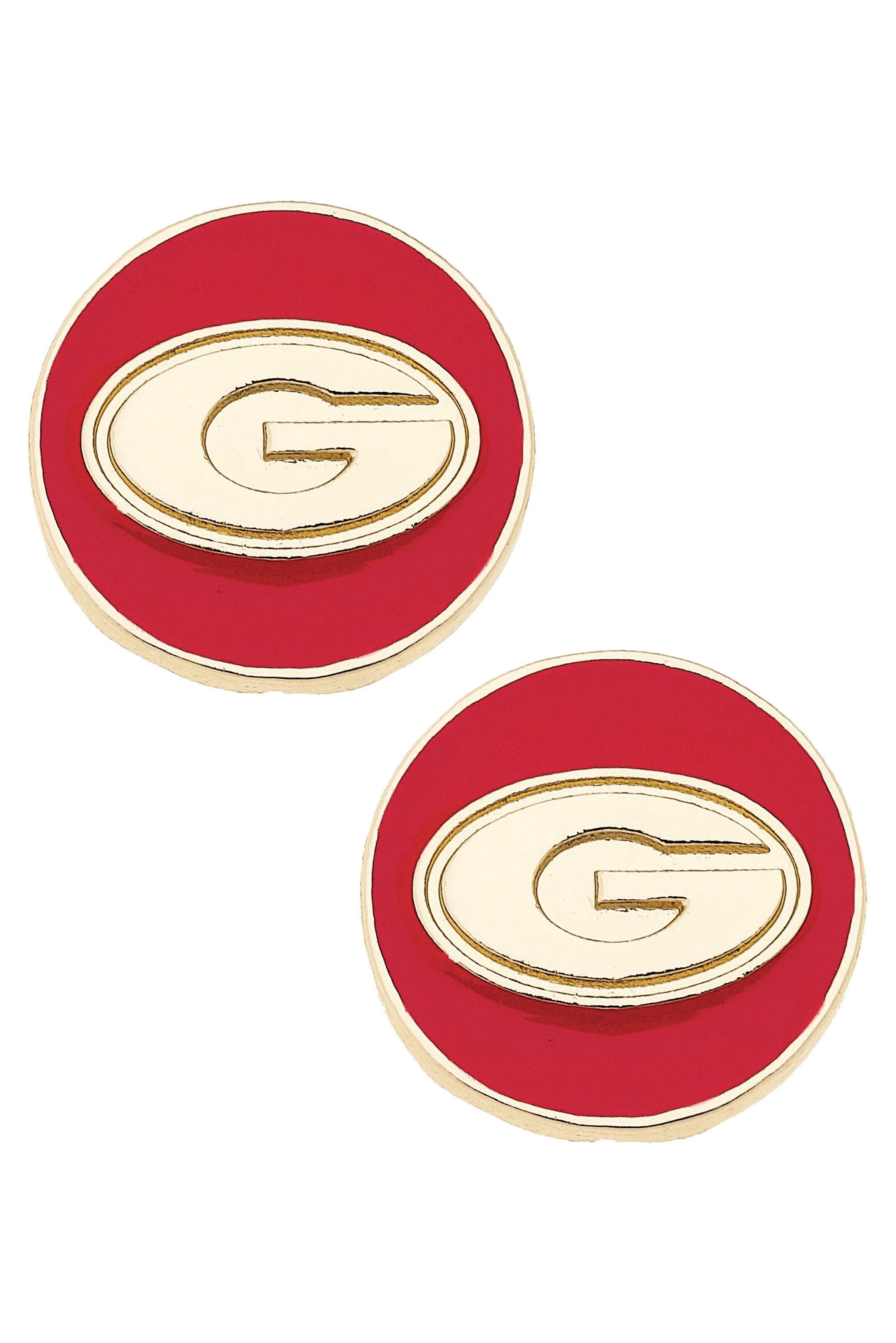 Georgia Bulldogs Logo Circle Stud Earrings in Red/Shiny Gold sold by Canvas Style