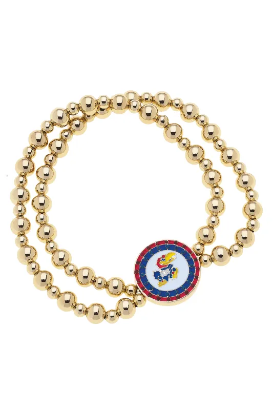 Kansas Jayhawks Pave Disc 2-Row Ball Bead Stretch Bracelet in Shiny Gold sold by Canvas Style
