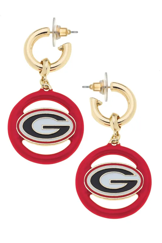 Georgia Bulldogs Logo Medallion Drop Hoop Earrings in Shiny Gold sold by Canvas Style