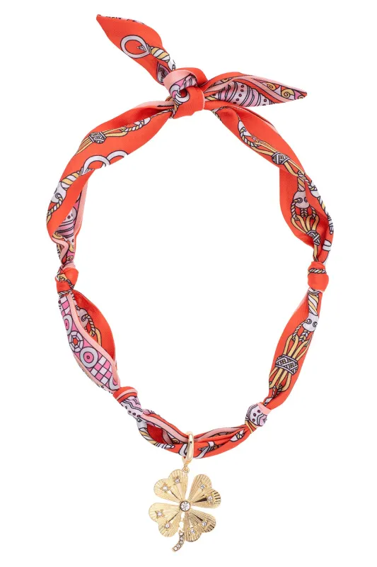 Briar Pave Clover Scarf Necklace in Coral/Light Pink/White sold by Canvas Style