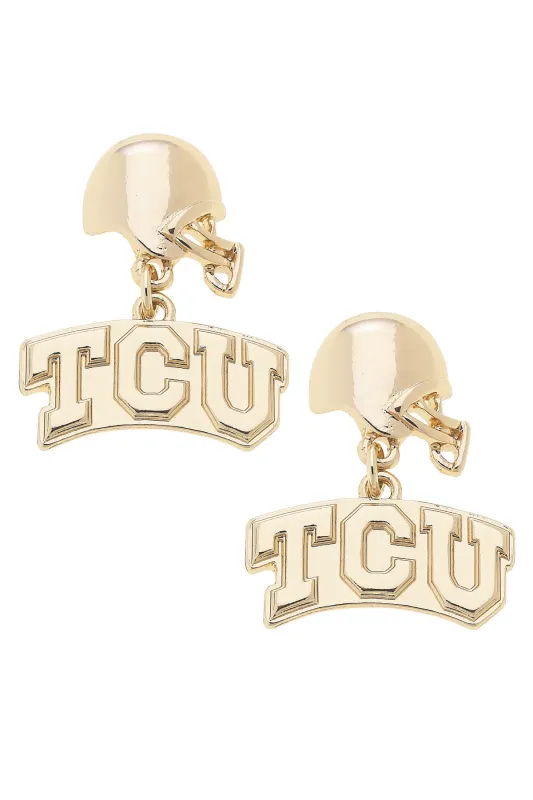TCU Horned Frogs Logo Helmet Earrings in Shiny Gold sold by Canvas Style