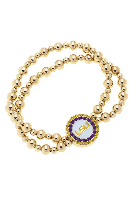 LSU Tigers Pave Disc 2-Row Ball Bead Stretch Bracelet in Shiny Gold sold by Canvas Style
