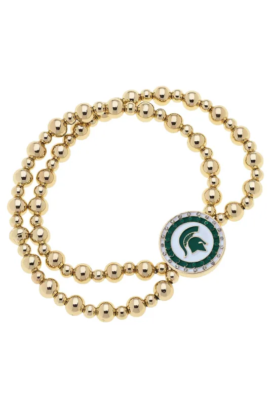 Michigan State Spartans Pave Disc 2-Row Ball Bead Stretch Bracelet in Shiny Gold sold by Canvas Style