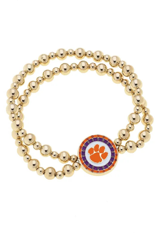 Clemson Tigers Pave Disc 2-Row Ball Bead Stretch Bracelet in Shiny Gold sold by Canvas Style