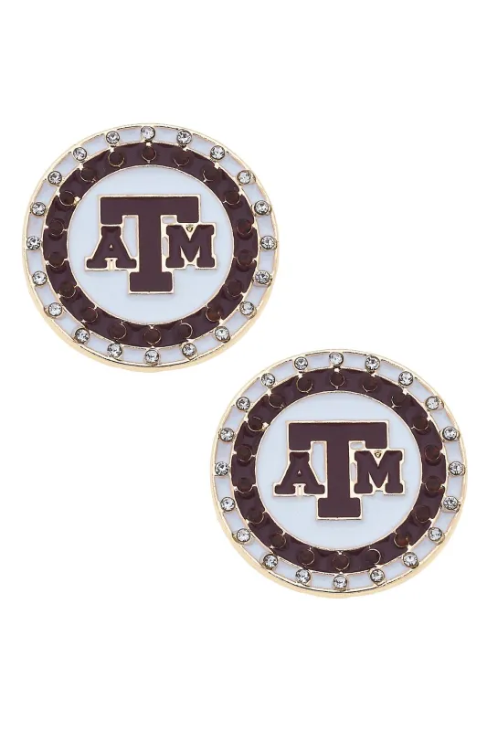 Texas A&M Aggies Pave Disc Stud Earrings in Maroon/White sold by Canvas Style