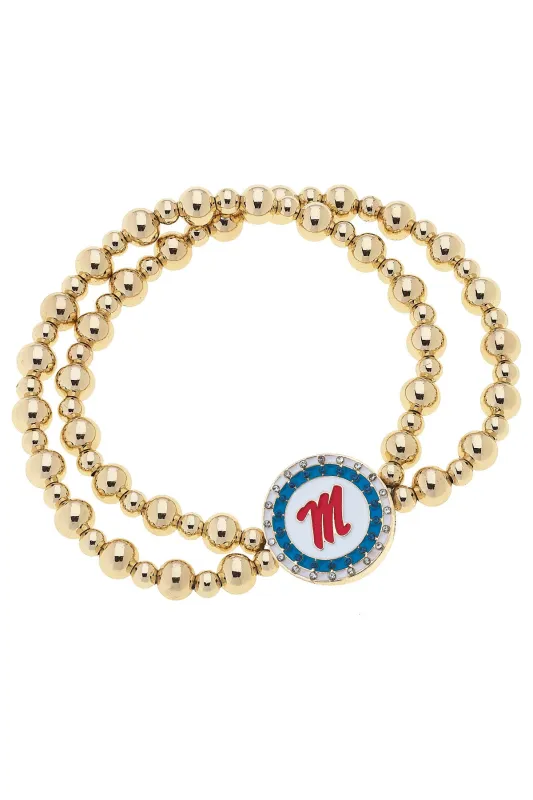 Ole Miss Rebels Pave Disc 2-Row Ball Bead Stretch Bracelet in Shiny Gold sold by Canvas Style