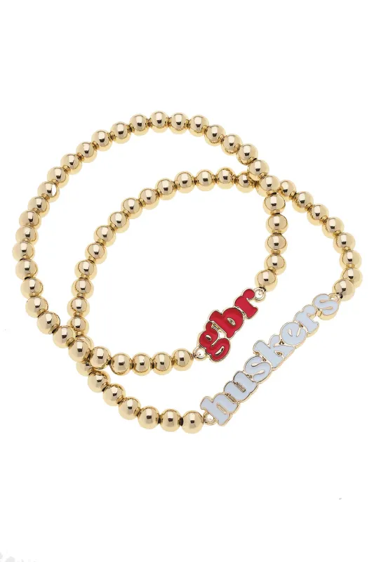 Nebraska Huskers Slogan Ball Bead Bracelet Set of 2 in Red/White/Shiny Gold sold by Canvas Style