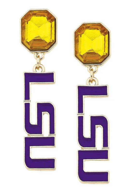 LSU Tigers Rhinestone Enamel Logo Earrings in Shiny Gold sold by Canvas Style
